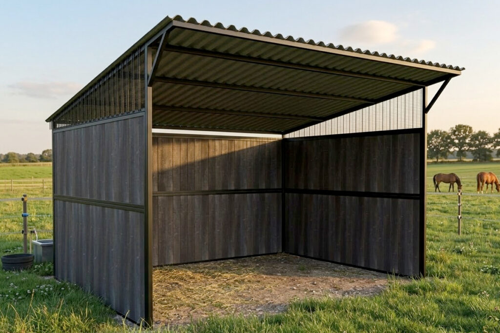 Metalen schuilstal voor paarden