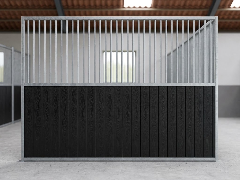 Paardenbox tussenwand half gesloten, verzinkt met zwarte planken en spijlen